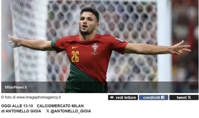 意甲媒体透露：米兰准备租借巴黎圣日耳曼前锋贡萨洛拉莫斯，时间为一个赛季